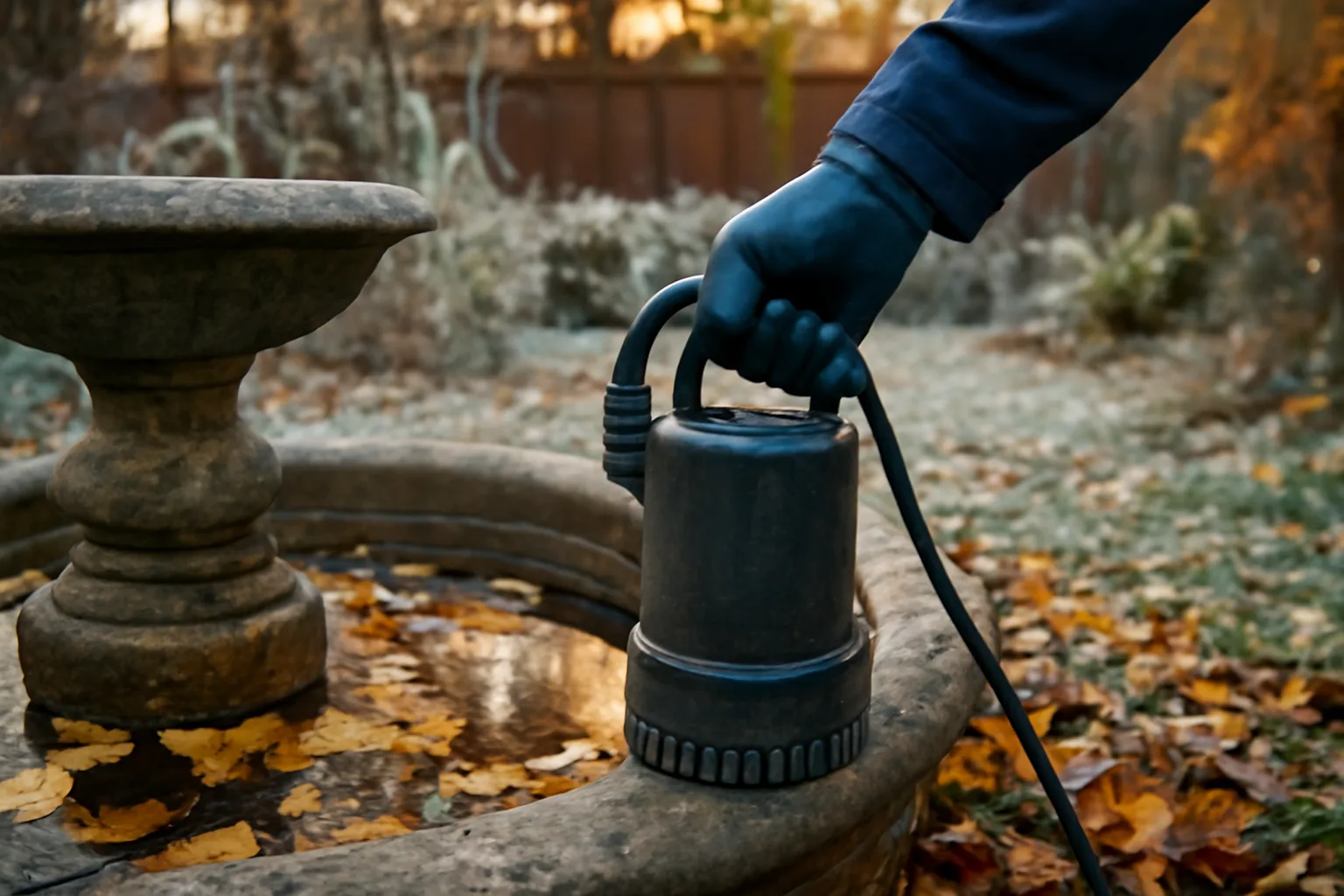 Fountain winterization service in Alaska, draining a backyard fountain.
