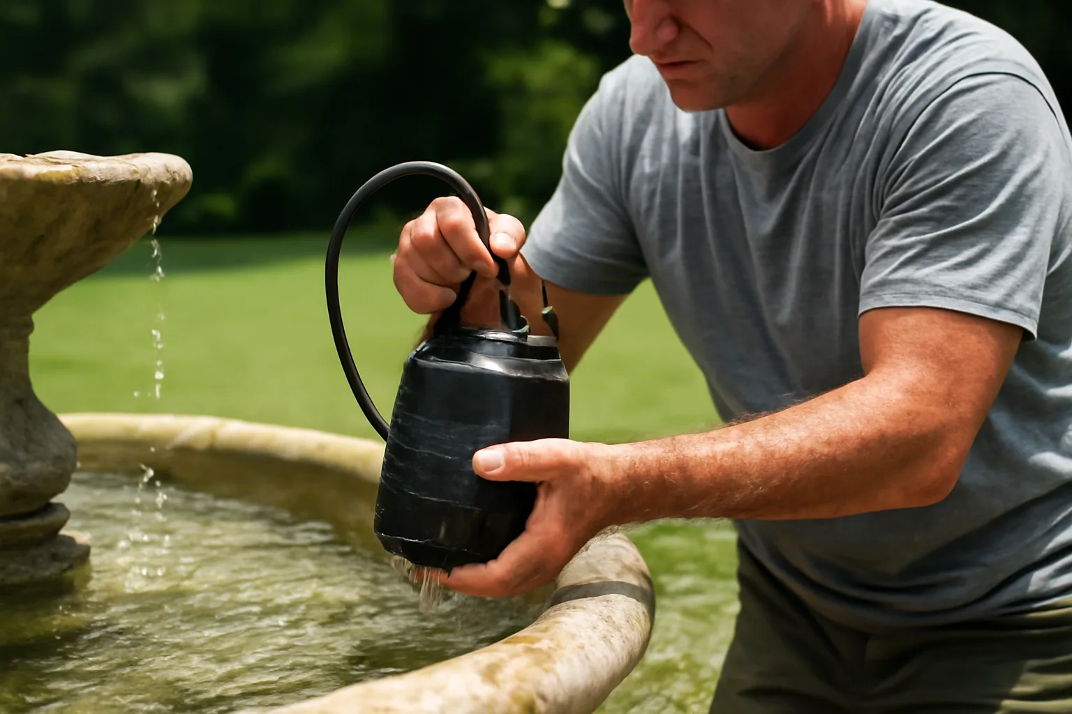 Arkansas worker servicing a stone fountain pump in a yard