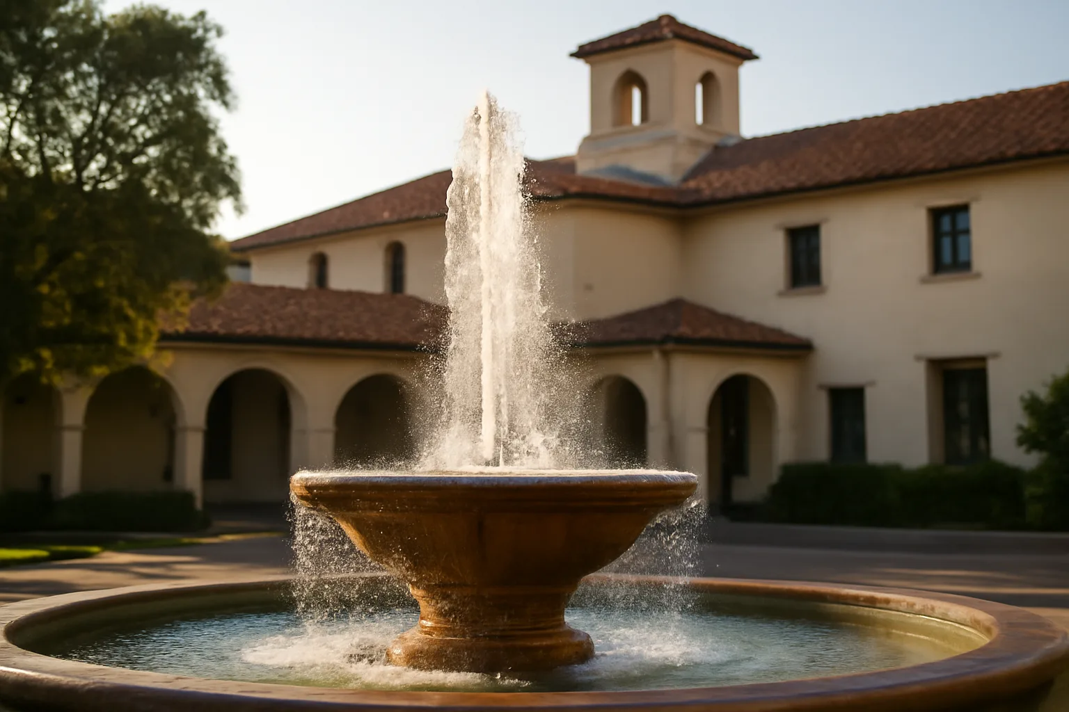 Municipal fountain in a California plaza with morning light