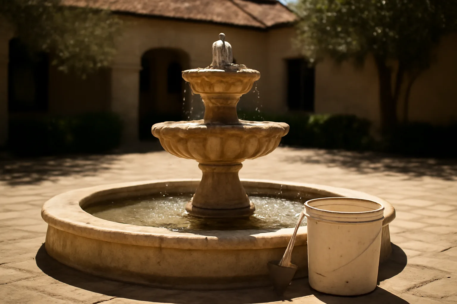Technician tools beside a flowing stone courtyard fountain in Texas sunlight