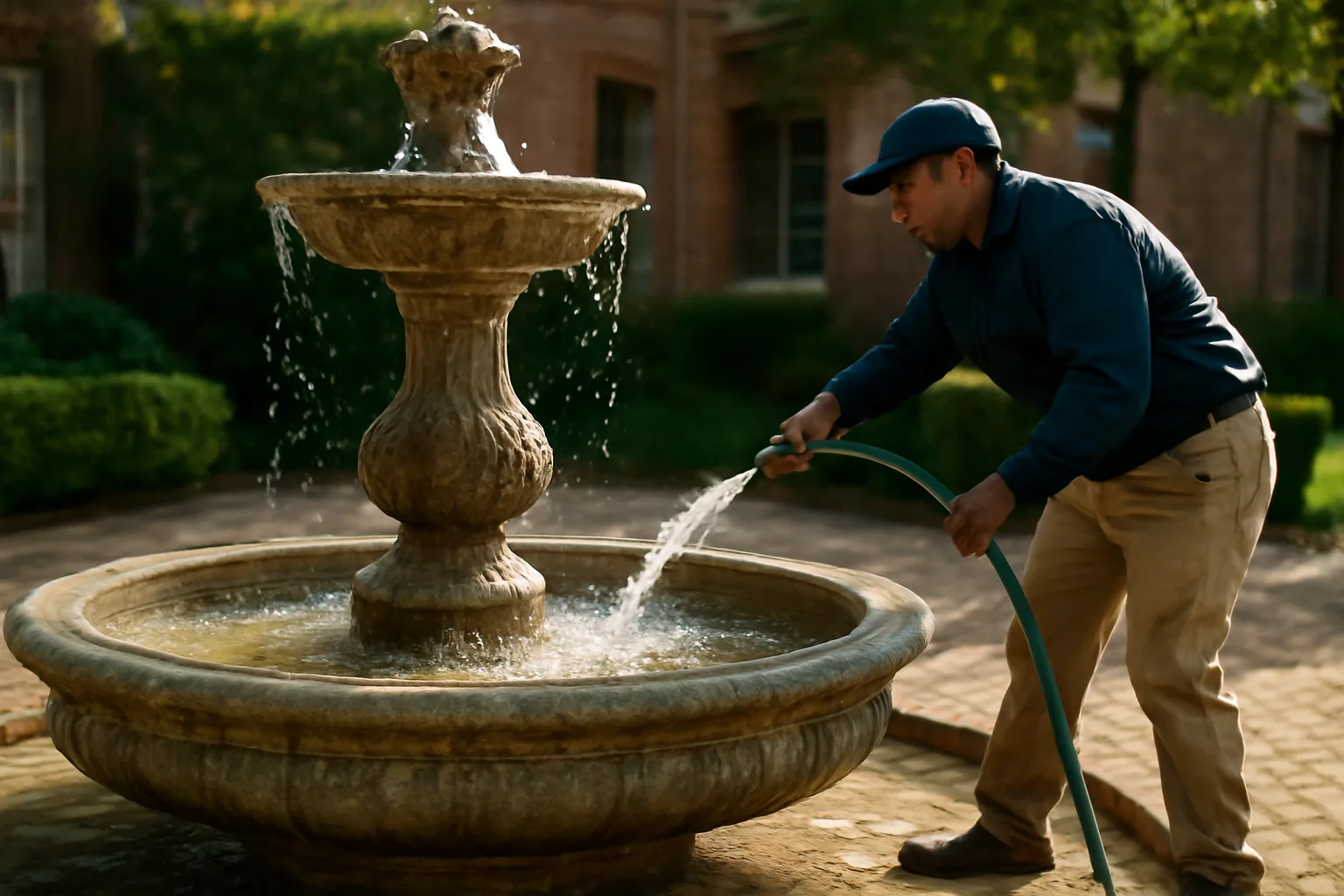 Professional cleaning a stone fountain in an Alabama courtyard