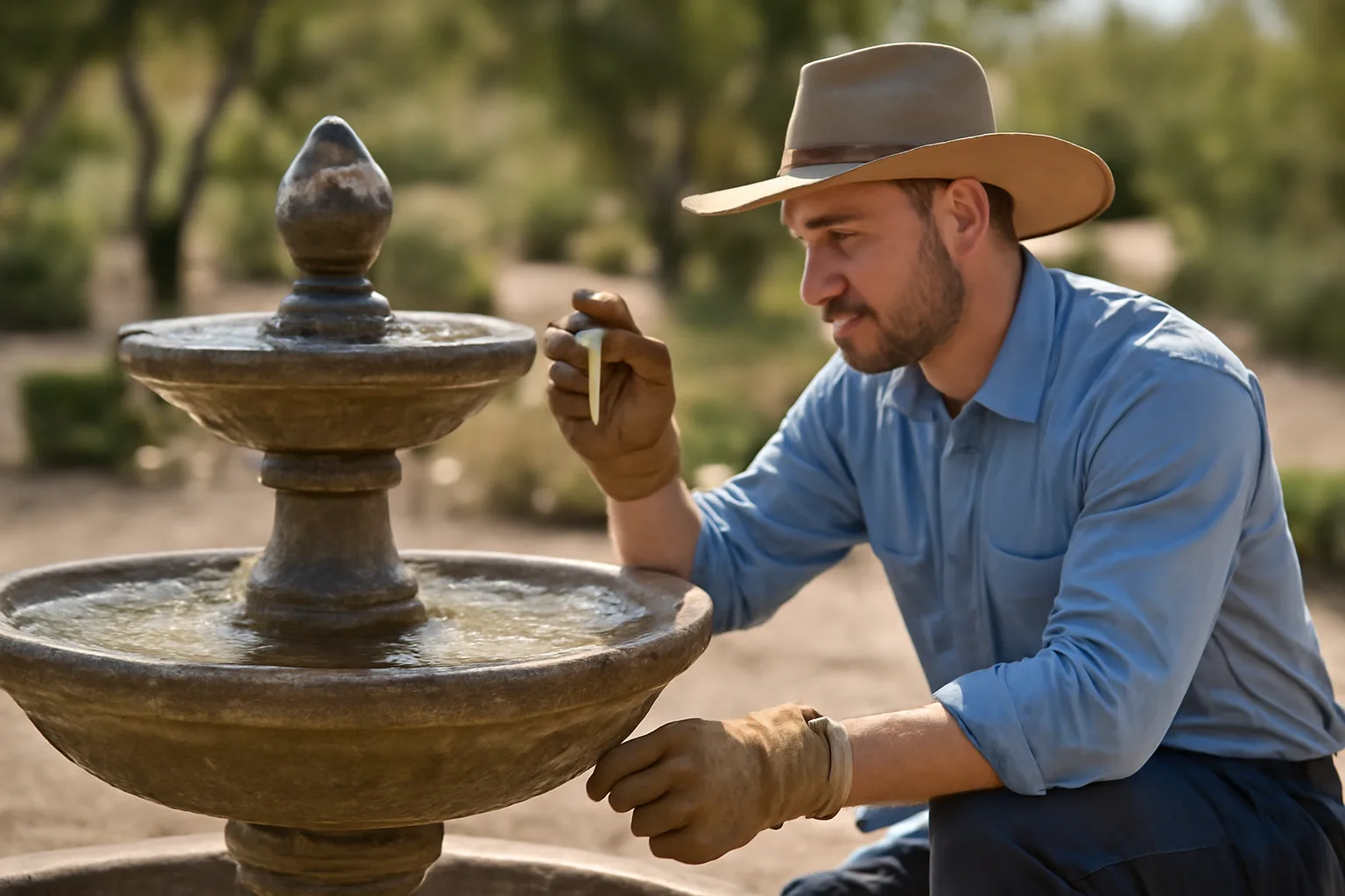 Fountain service technician testing water chemistry beside a stone HOA fountain in Phoenix