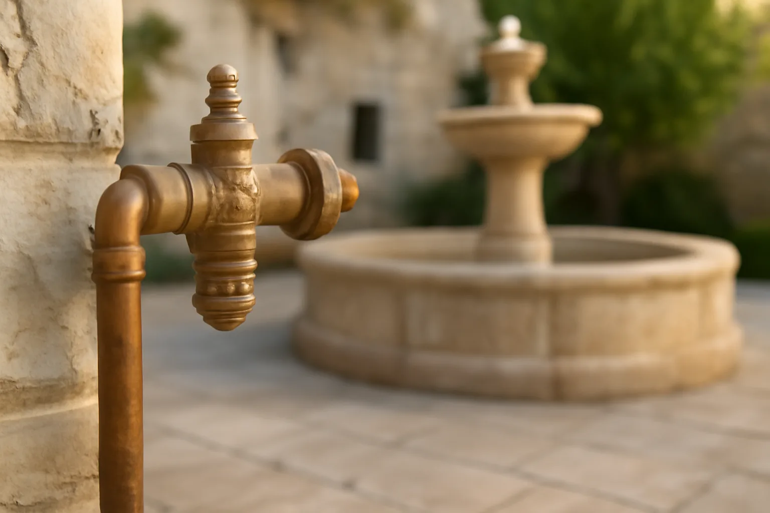 Backflow preventer on copper pipe near a limestone fountain in an Arkansas courtyard