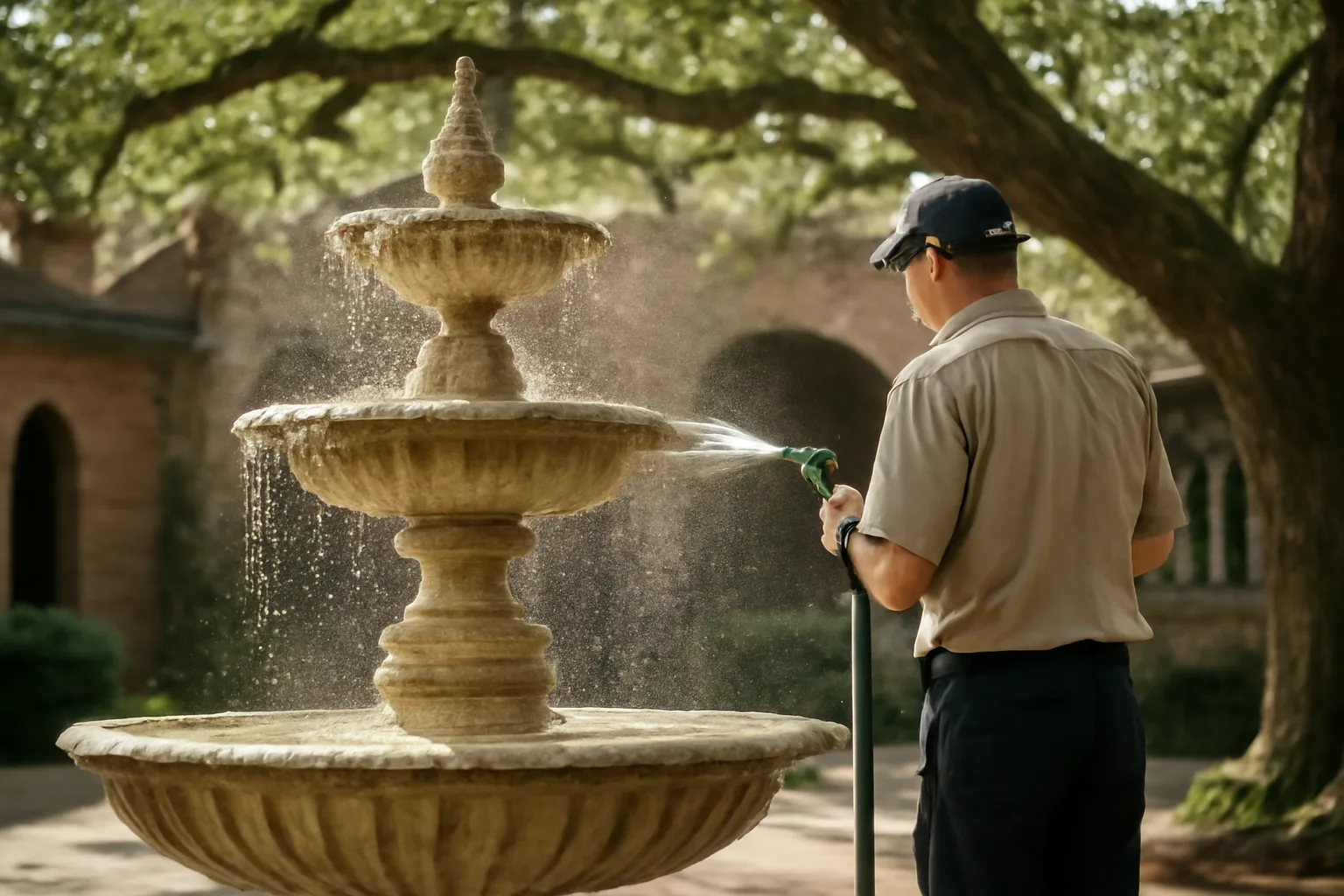 Fountain service cleaning a courtyard fountain in Alabama