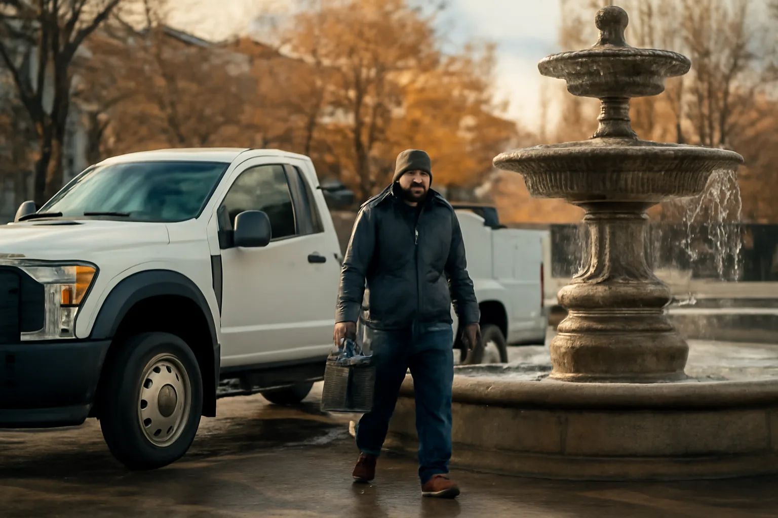 Fountain service worker in Anchorage Alaska preparing a commercial fountain for winter
