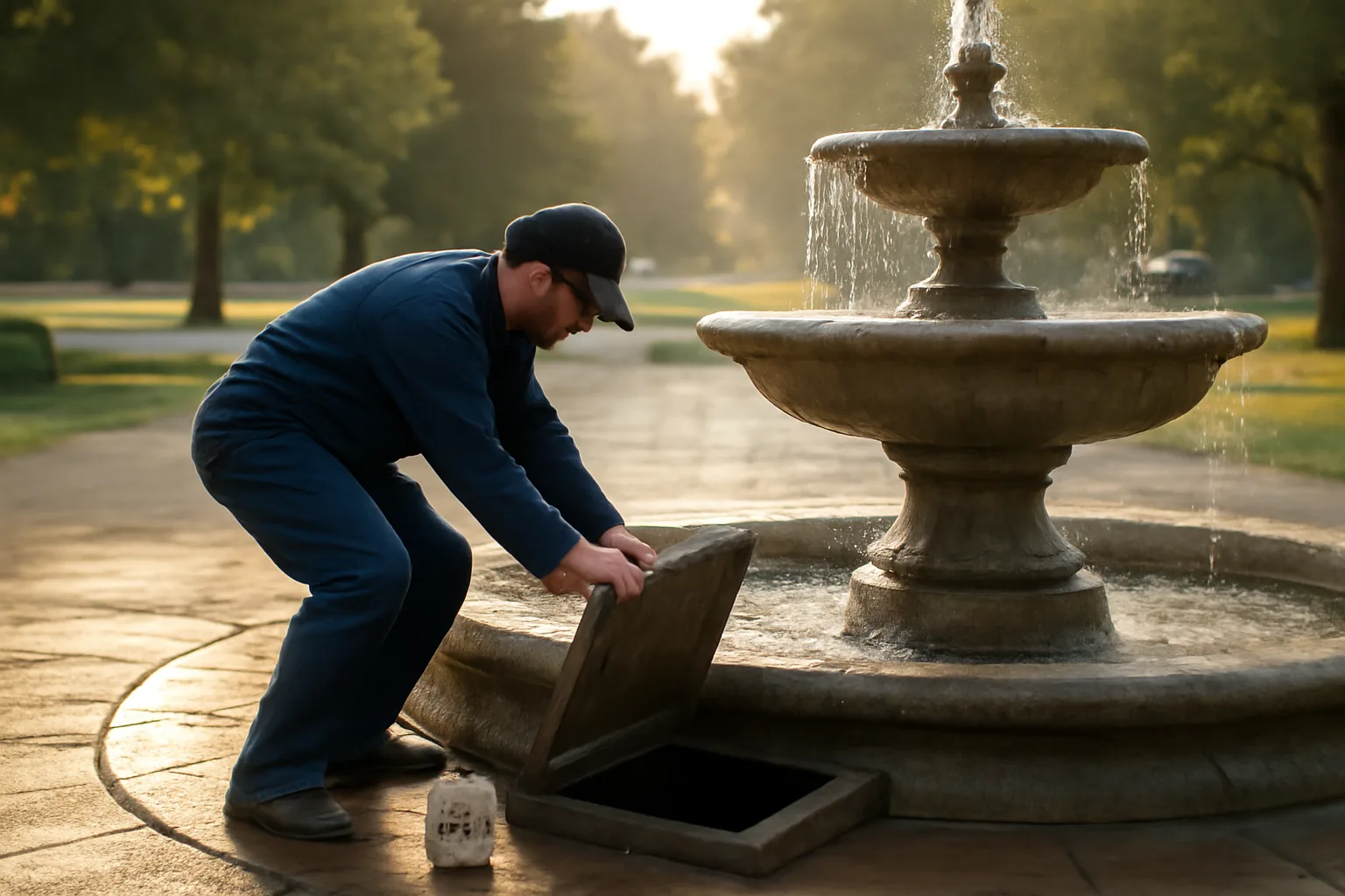 Fountain service worker opening a stone fountain basin in Little Rock