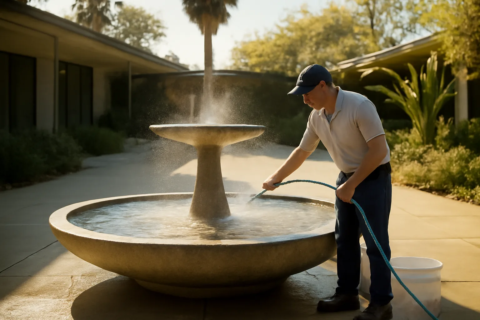Worker cleaning a courtyard fountain in California