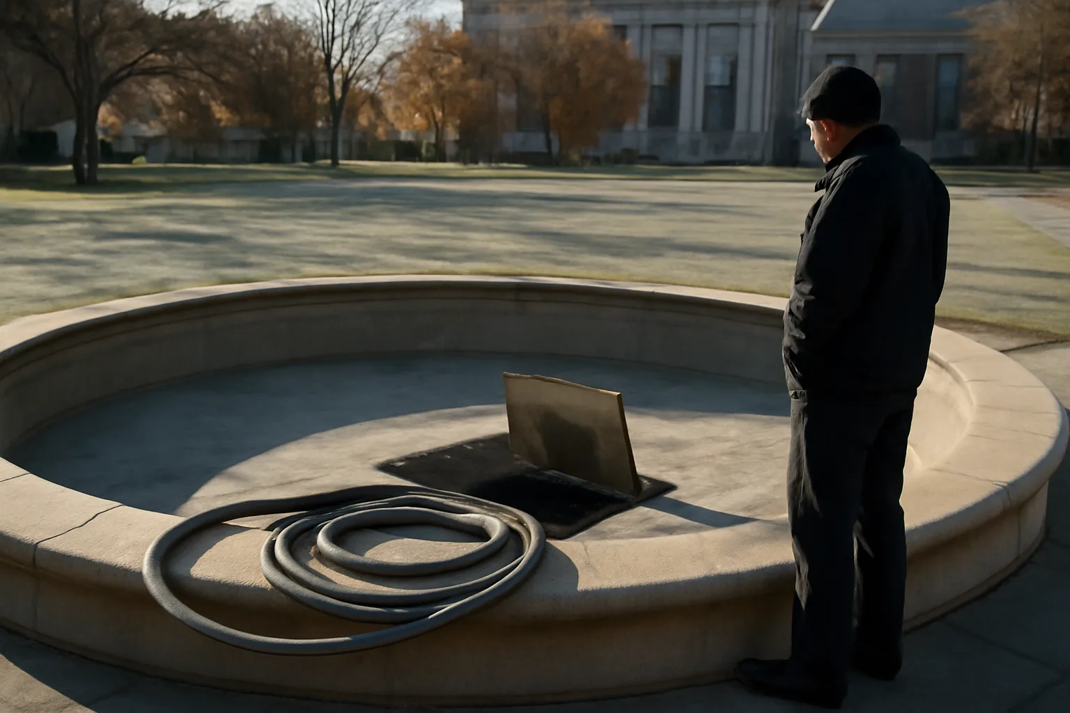 Worker beside empty Denver fountain during Colorado fall service