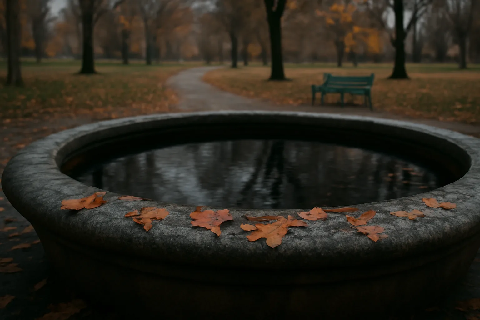 Granite Connecticut park fountain with still water and maple leaves