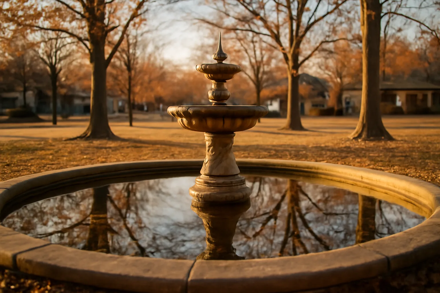Stone decorative fountain in a Tennessee subdivision common area on an autumn afternoon