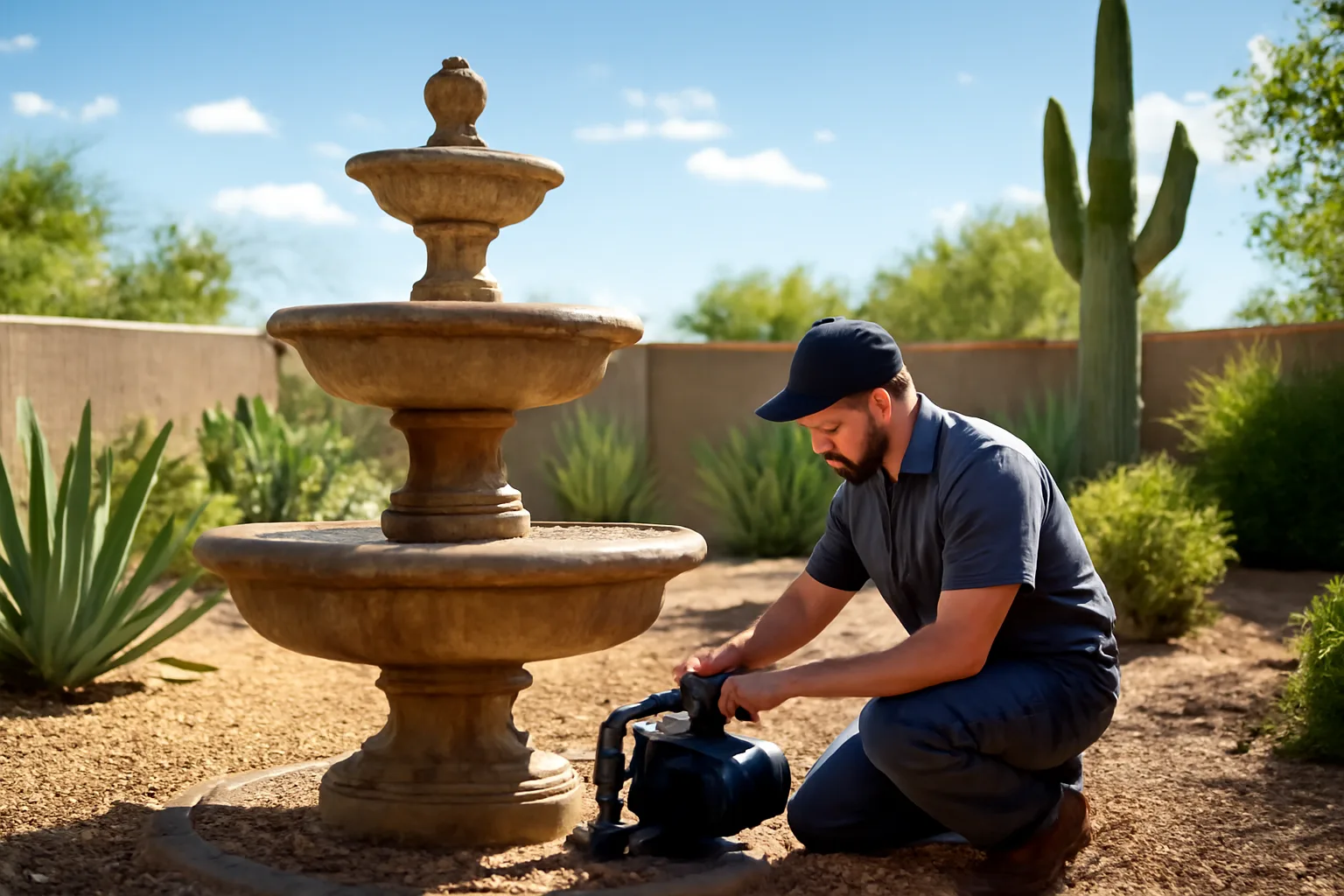 Service technician inspecting a fountain pump in an Arizona desert yard