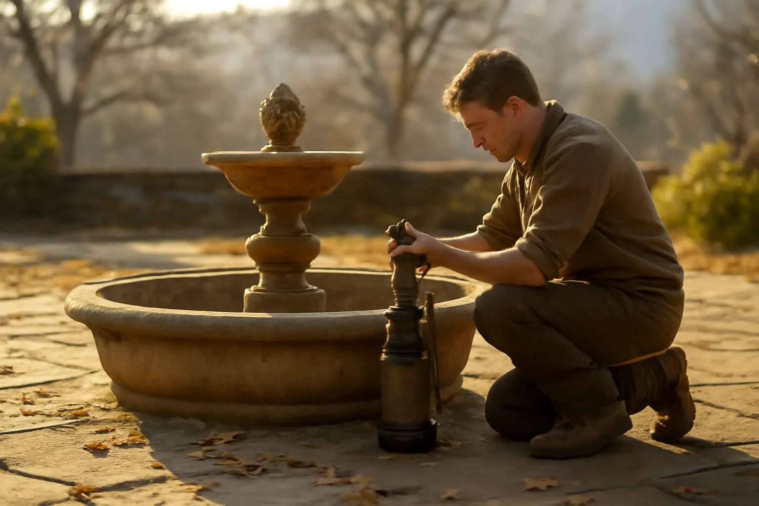 Technician servicing a stone courtyard fountain in Denver light