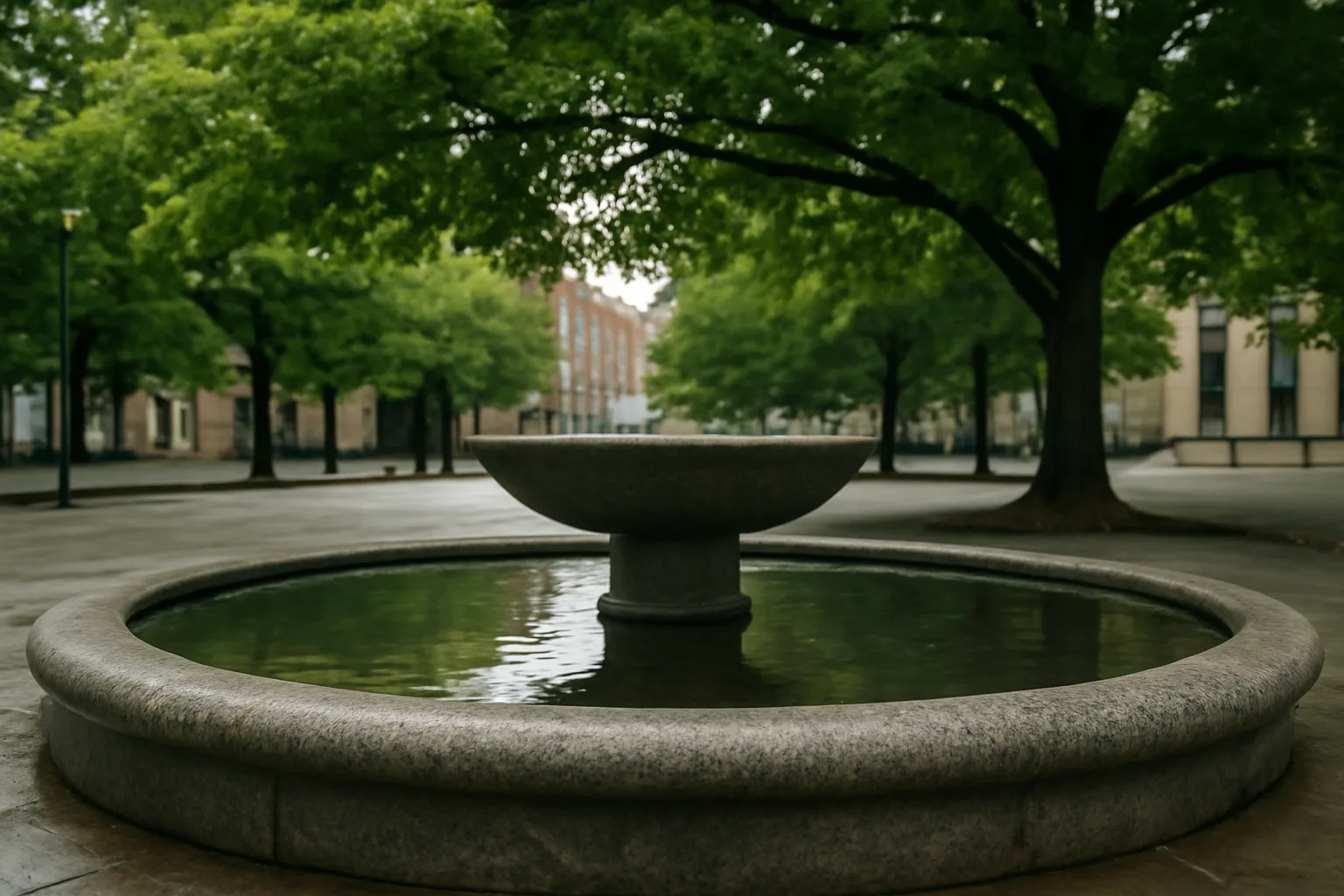 Granite civic fountain in a Connecticut plaza on an overcast morning