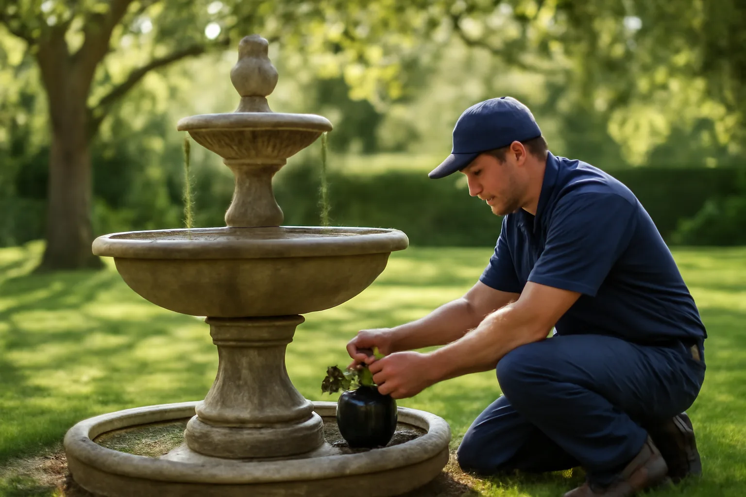 Technician servicing a stone garden fountain in a Tennessee backyard on a spring morning