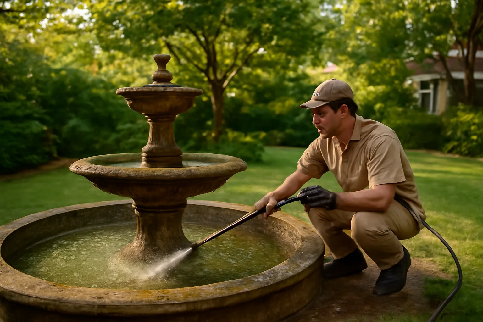 Worker pressure washing a residential stone fountain in a Birmingham backyard