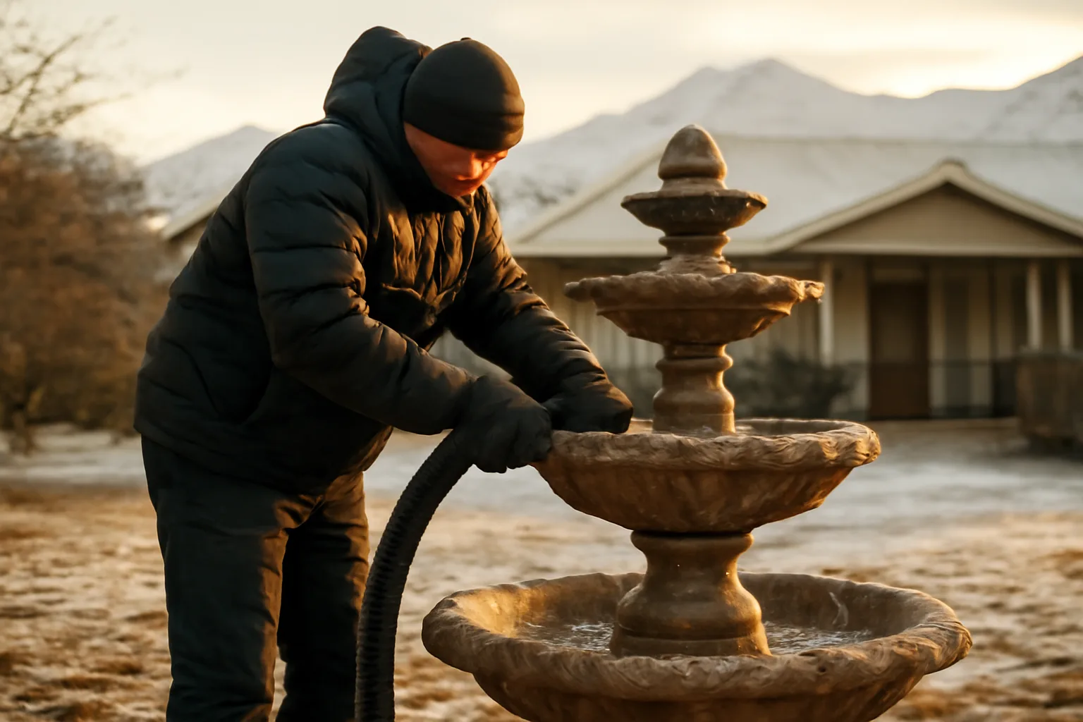 Fountain technician winterizing stone fountain in snowy Alaska backyard
