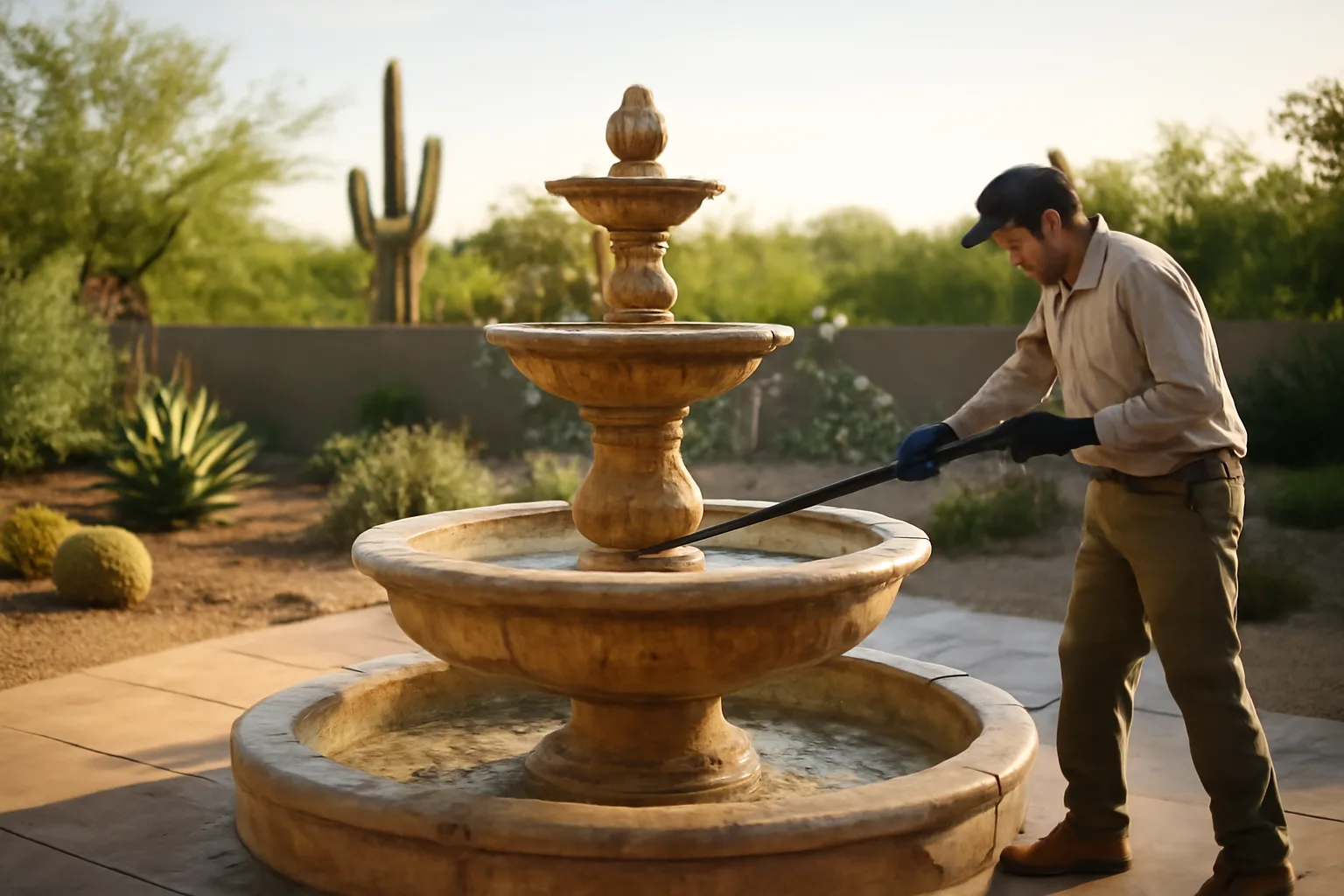 Technician cleaning a travertine fountain in an Arizona backyard