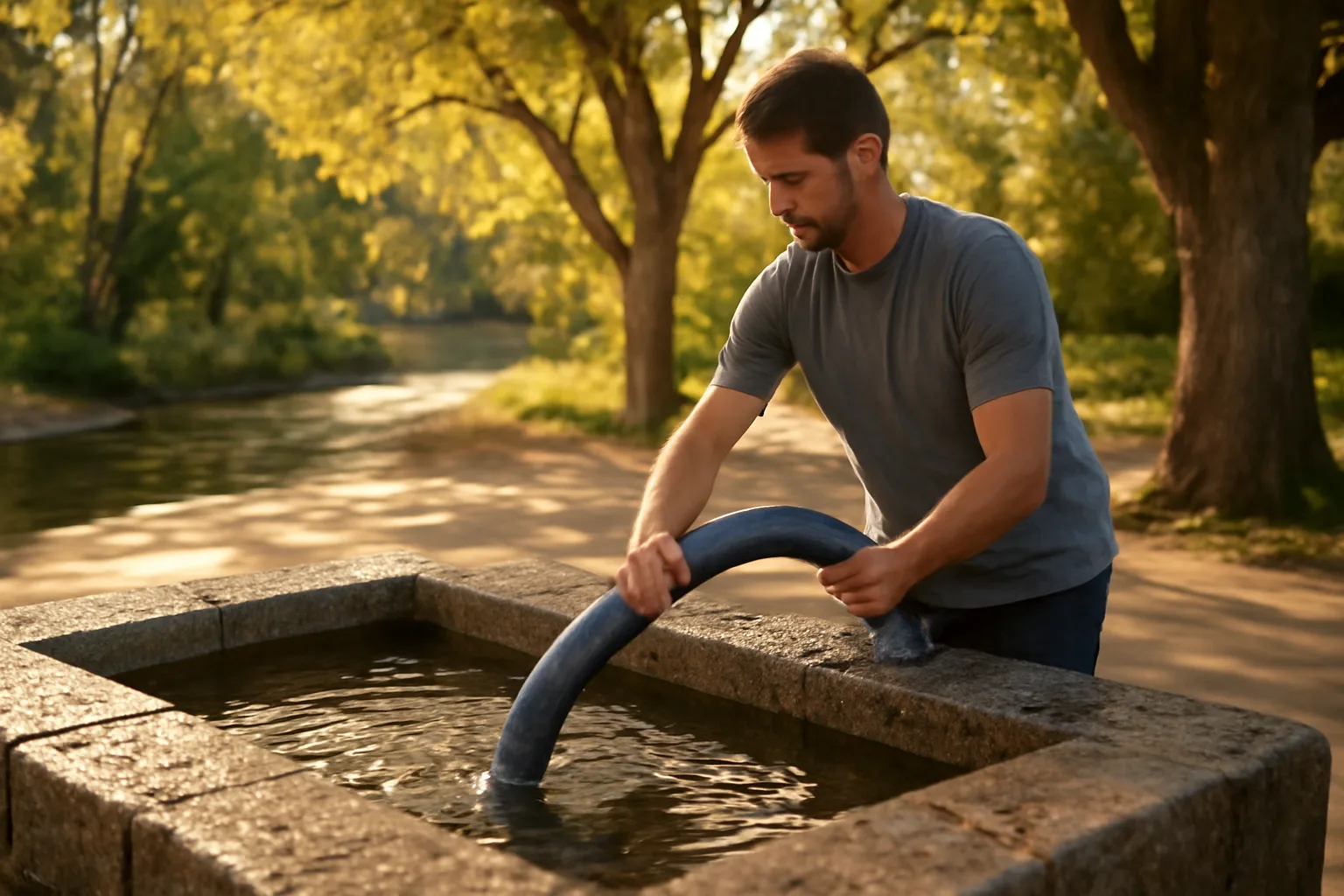Worker servicing a granite plaza fountain in Denver morning light