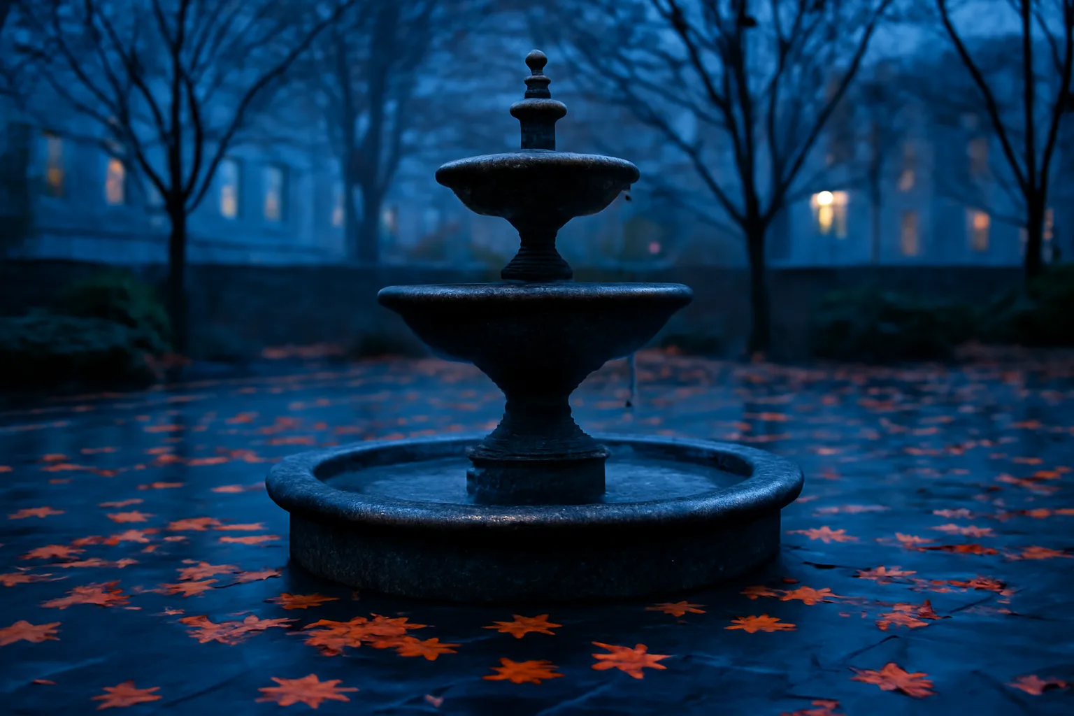 Still autumn courtyard fountain in Connecticut after rain