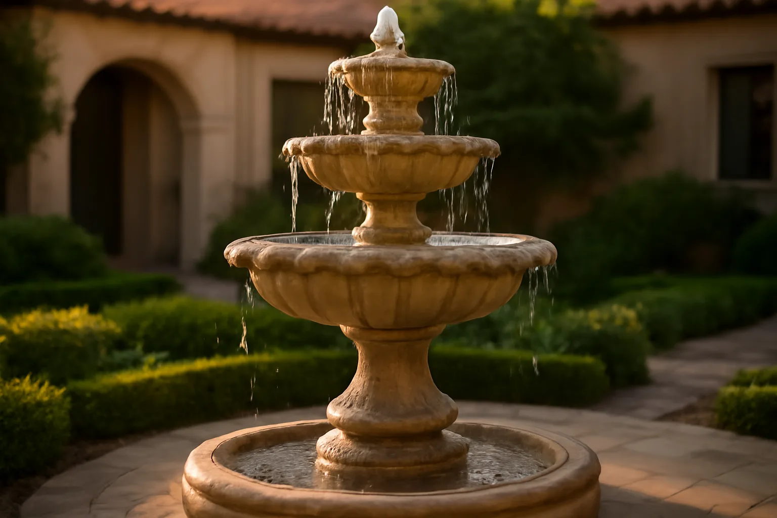 Tiered stone outdoor fountain with flowing water in a residential courtyard