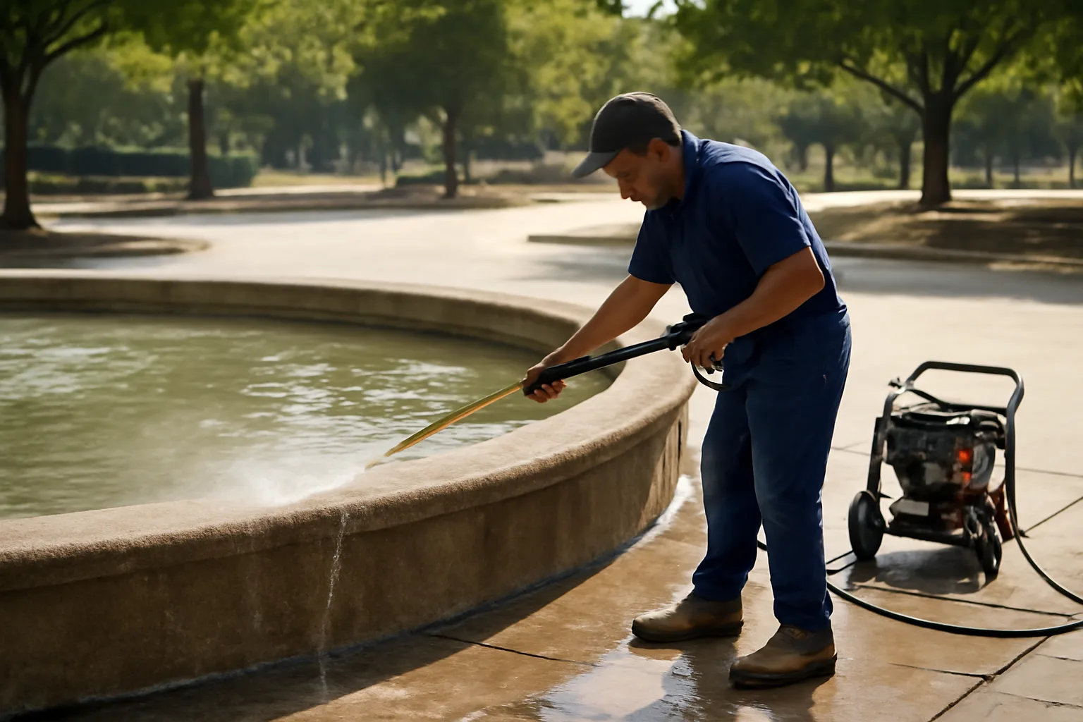 Worker cleaning a commercial outdoor fountain basin in morning sunlight