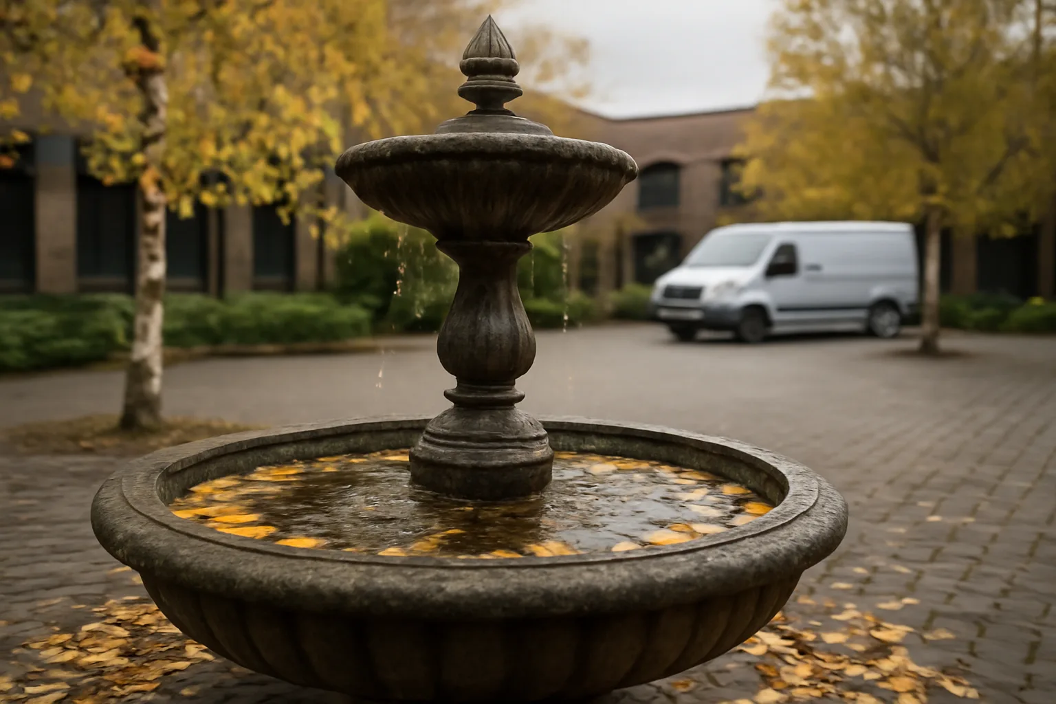 Outdoor commercial fountain in Anchorage with fall leaves at its edge, service vehicle in background