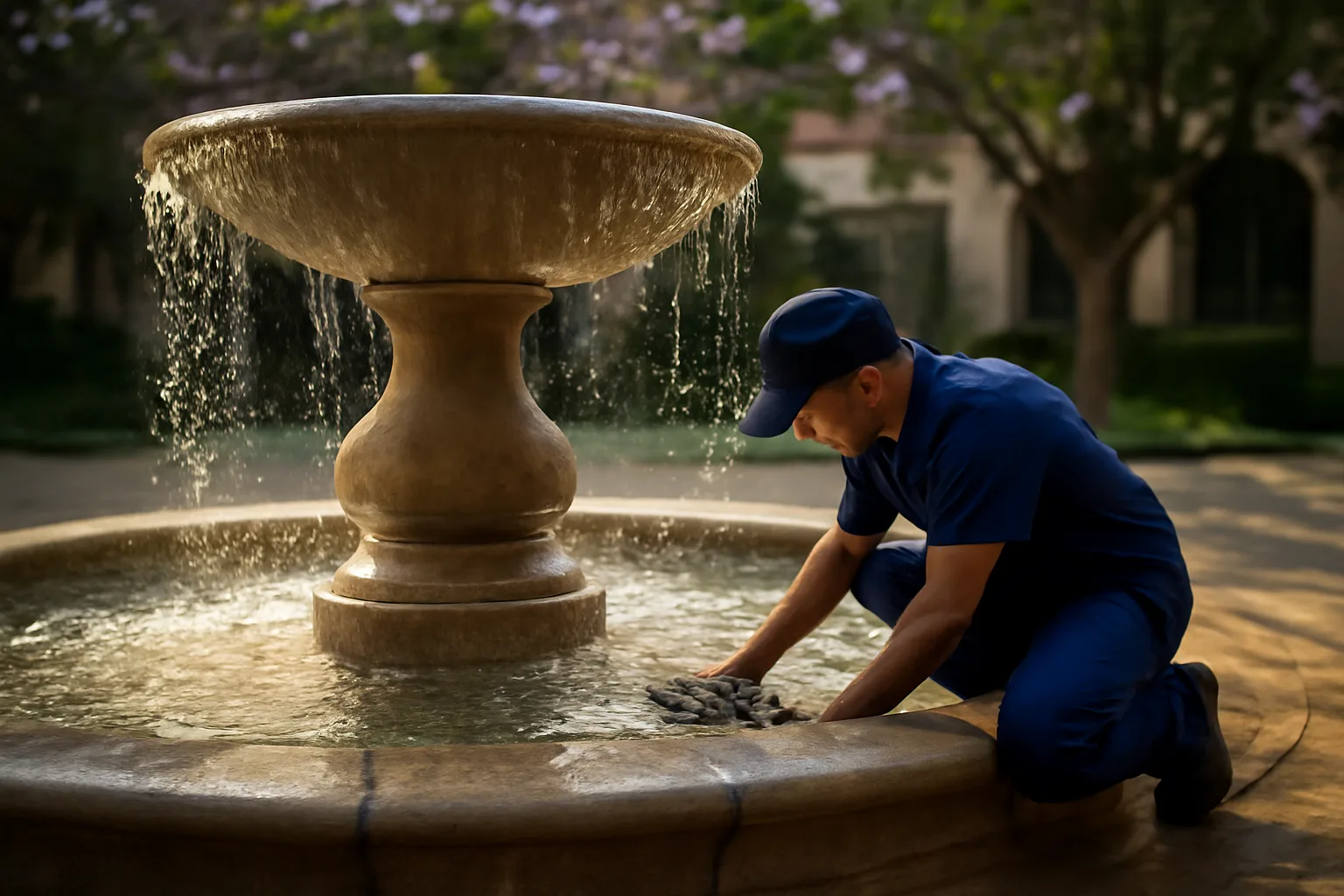 Technician inspects a Pasadena courtyard fountain during service