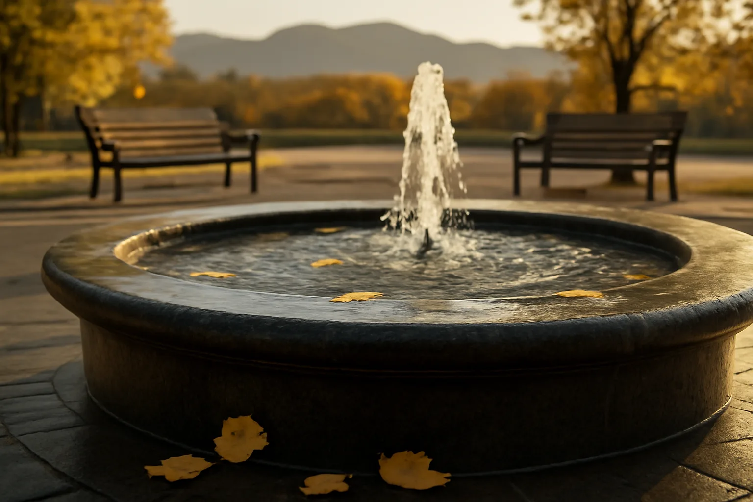 Stone decorative fountain running in a Denver plaza at late afternoon