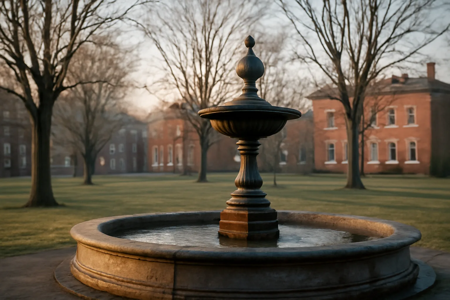 Quiet stone fountain on a Connecticut town green in spring