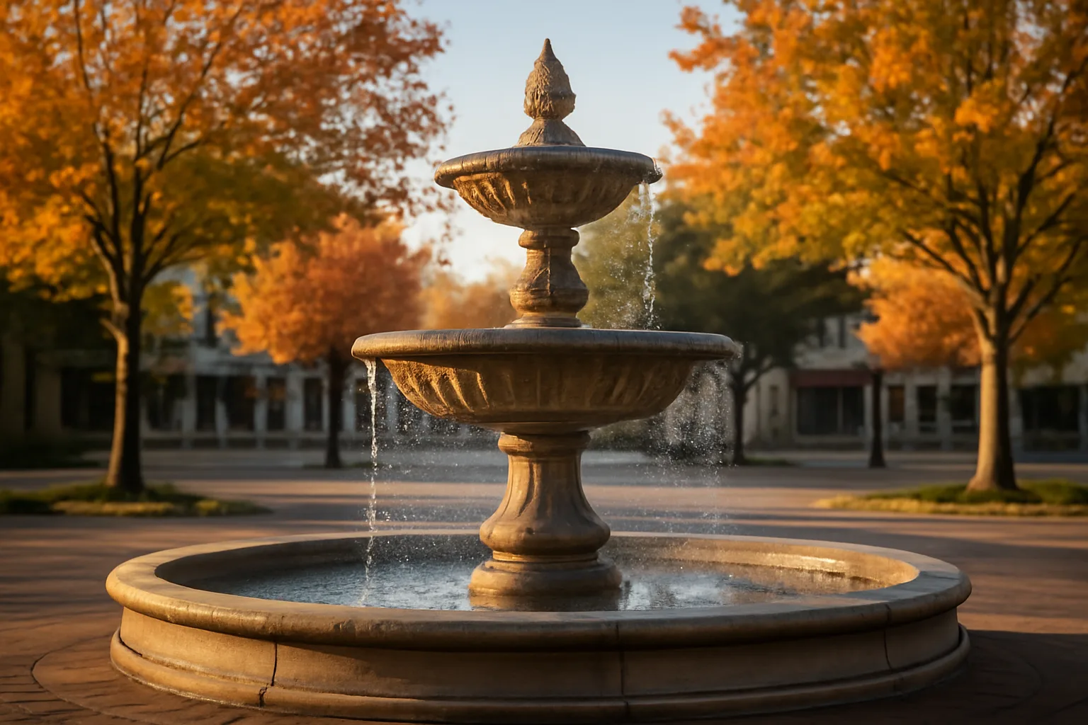 Stone fountain in a South Dakota town square on a clear autumn morning
