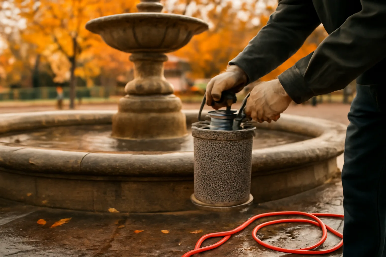 Technician servicing a drained municipal fountain basin in Alaska in autumn