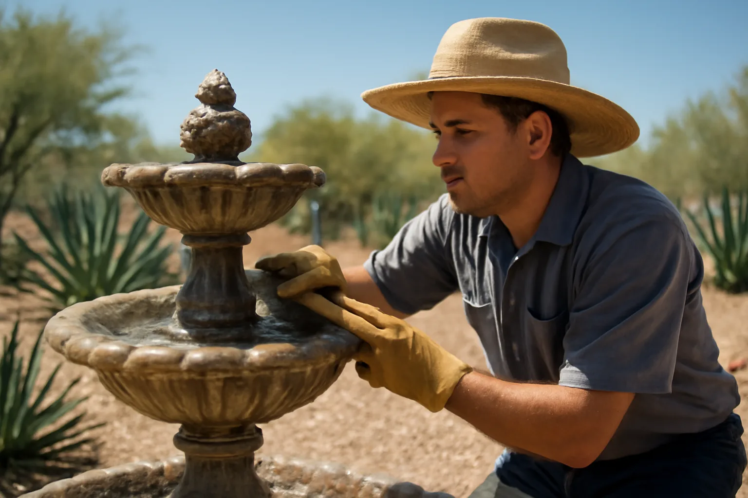 Arizona fountain service technician cleaning a stone fountain in a desert garden.
