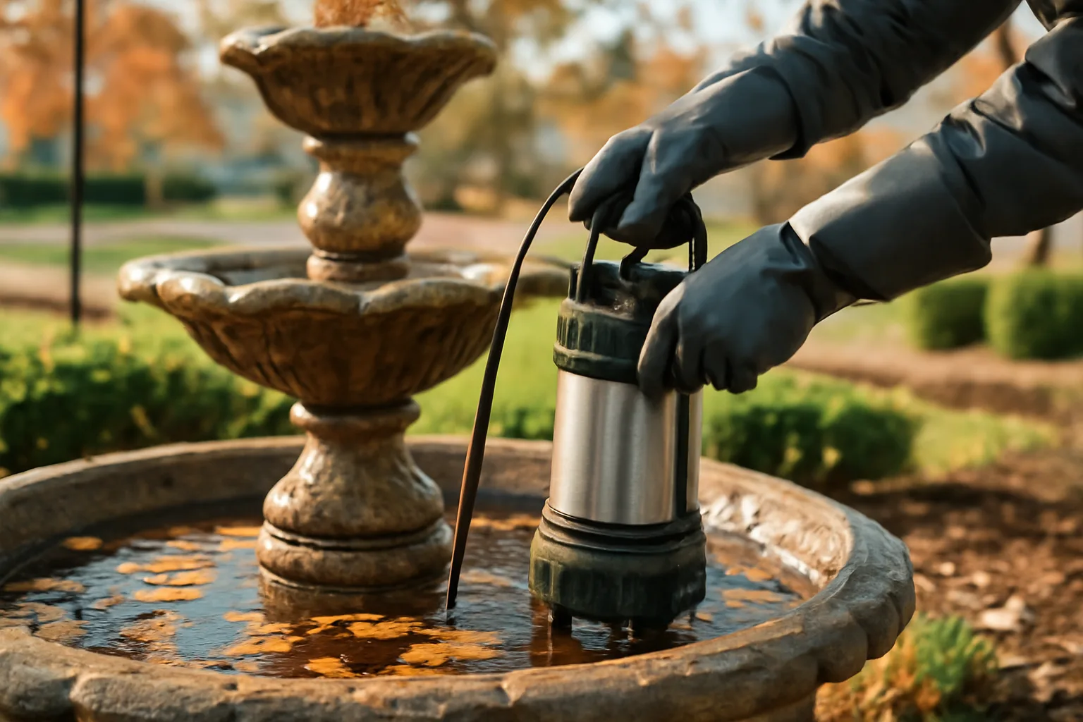 Gloved hands pulling a fountain pump from a stone basin in an Arkansas HOA entry garden