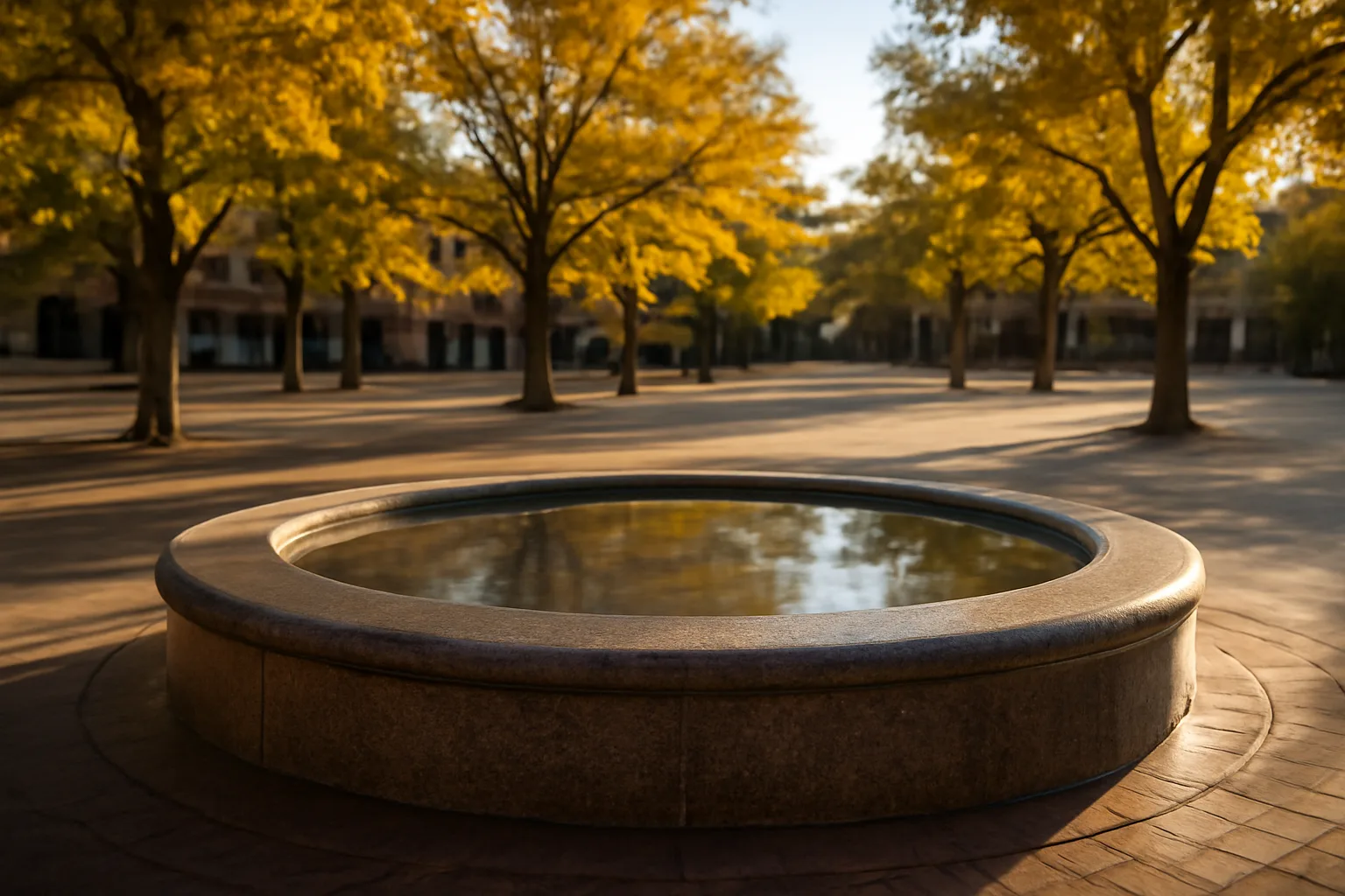 Stone fountain basin in Colorado Springs morning light, no people