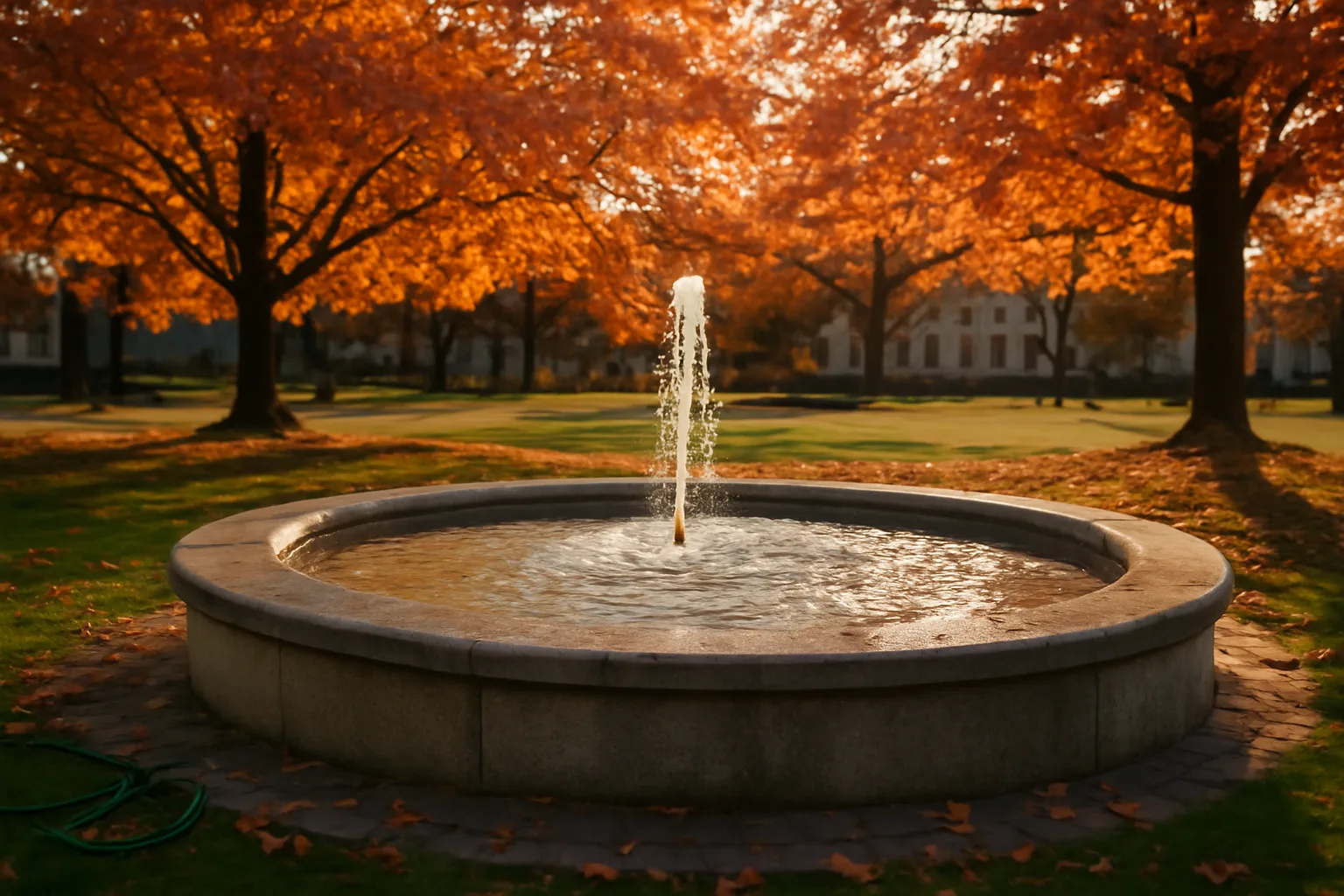 Granite town fountain running on a Connecticut green in autumn