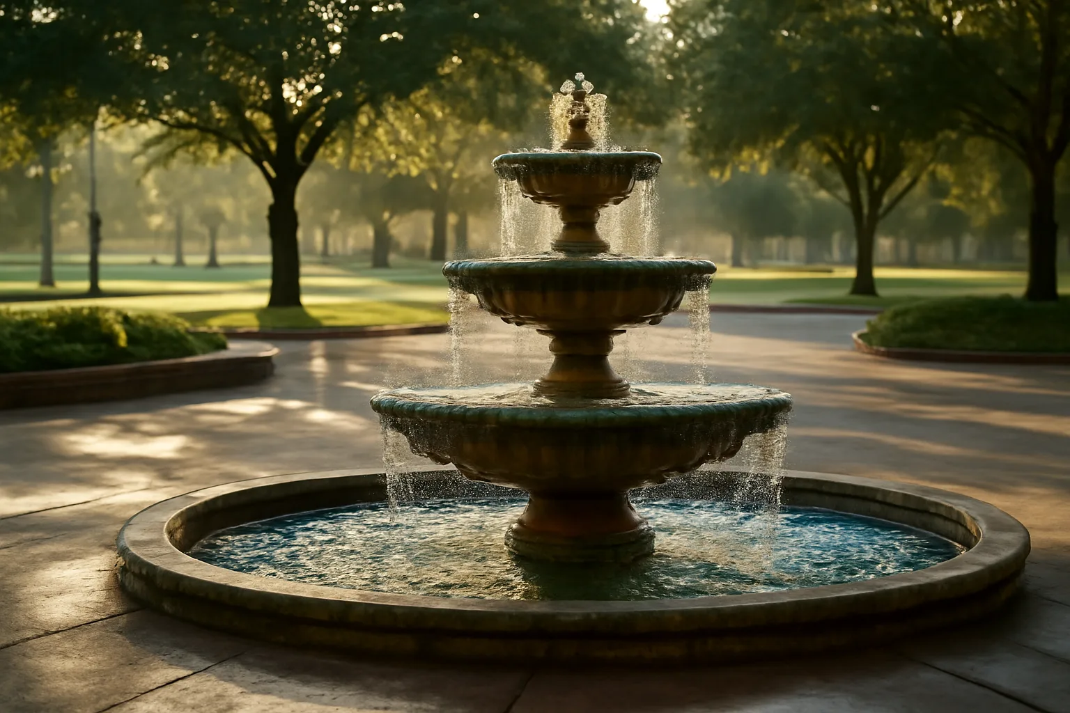Stone tiered fountain with cascading water in a Tennessee park plaza at dawn