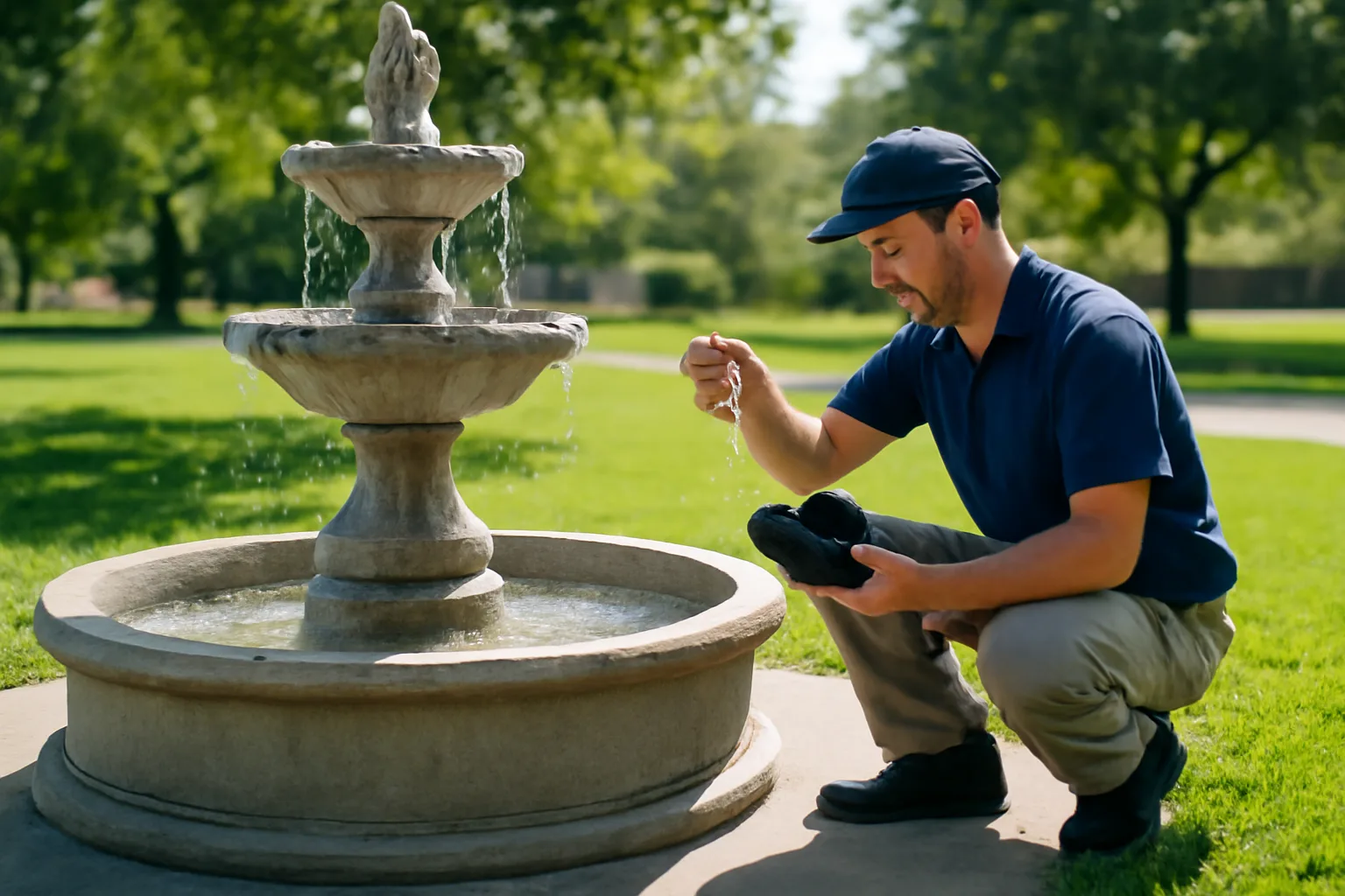Fountain service technician testing water chemistry at a Texas park fountain