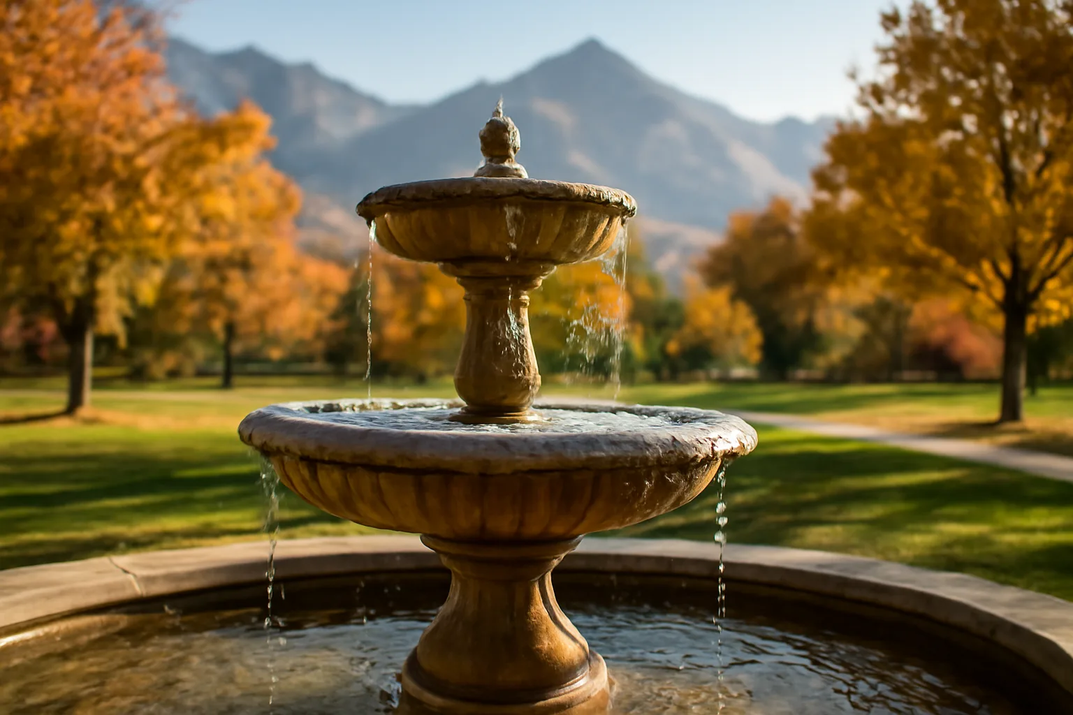 Stone garden fountain flowing in a Utah park with mountains in the background